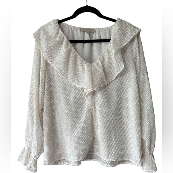 LOFT Tops - LOFT Textured Cream Blouse with Ruffle Detail